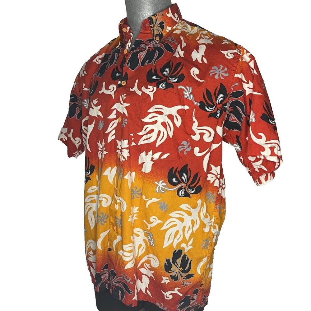 Vtg Hawaiian Streetwear Shirt Mens L Hibiscus Fire Flames  Bowling Red Orange